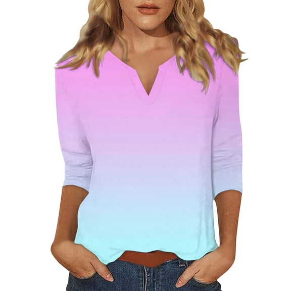 yunLCZ Women Shirts 3/4 Sleeve Tops For Women Summer Notched V Neck Plain T Shirts Casual Cute Three Quarter Length Blouses