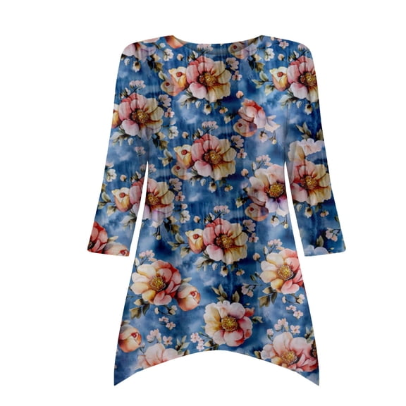 yunLCZ Women Shirts Fashionable Casual Loose Print Asymmetrical Ladies Top Office Shirts Blue L