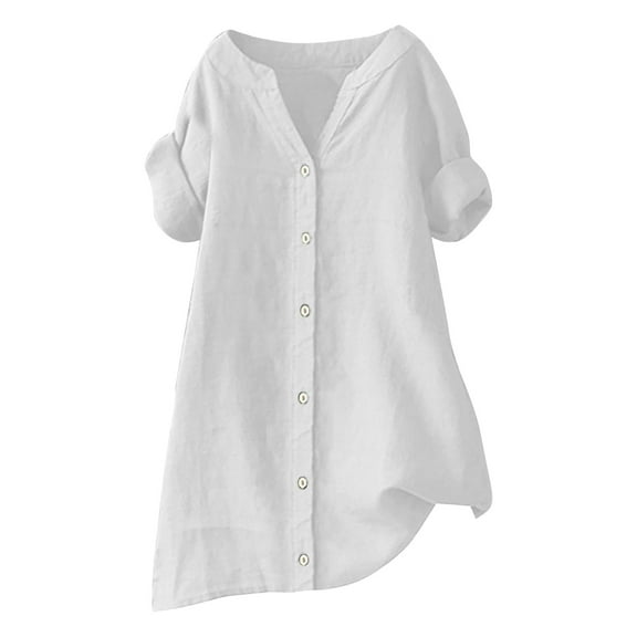 yunLCZ Women Shirts Loose Button Shirt Top Stand Solid Color Medium Sleeve Collar Casual Women's Shirt Women's Shirt
