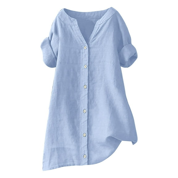 yunLCZ Women Shirts Loose Button Shirt Top Stand Solid Color Medium Sleeve Collar Casual Women's Shirt Women's Shirt