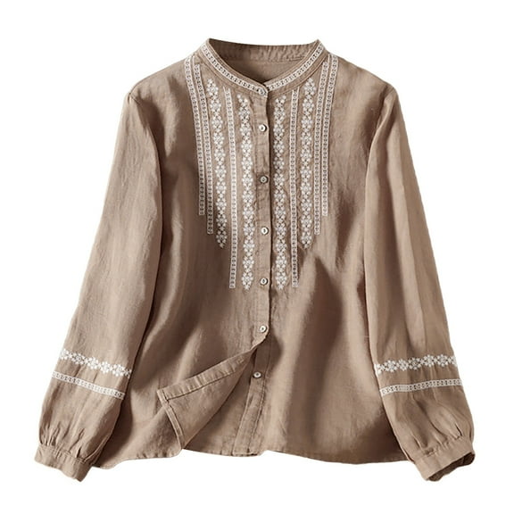 yunLCZ Women Shirts Retro Artistic Embroidery Cotton Linen Women's Retro Artistic Stand Up Collar Women's Versatile Long Sleeved Shirt Top Women's Cap Sleeve Tank Tops