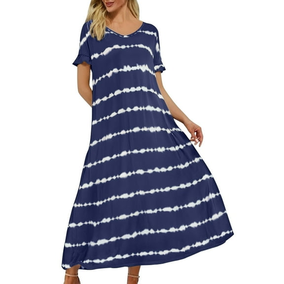 yunLCZ Women Shirts Summer V Neck Sleeve Striped Printed Long Dress Plus Size Casual Dress Office Shirts Navy XXXL