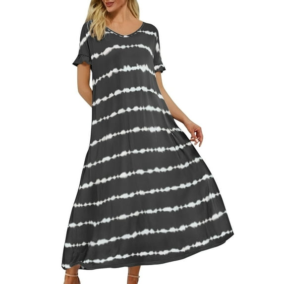yunLCZ Women Shirts Summer V Neck Sleeve Striped Printed Long Dress Plus Size Casual Dress Women's Cap Sleeve Tank Tops Grey L