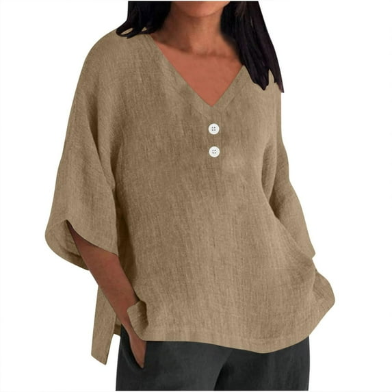 yunLCZ Women Shirts Summer Women's 7 Quarter Sleeve V Neck Solid Color Loose Top T Shirt Casual Shirt