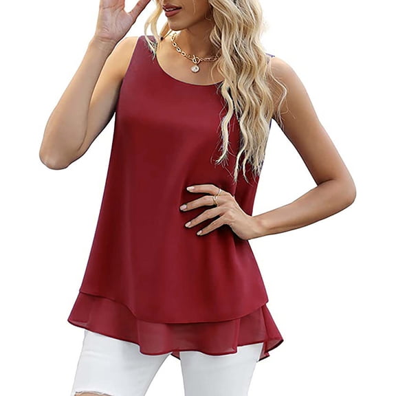 yunLCZ Women Shirts Women Chiffon Tank Sleeveless Top Double Casual Blouse Tunic