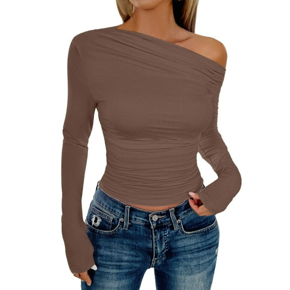 yunLCZ Women Shirts Women Long Sleeve Off Shoulder Tops Trendy Cowl Neck Going Out Shirt For Fall