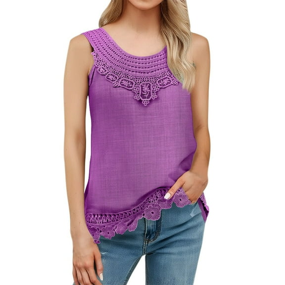 yunLCZ Women Shirts Women O Neck Sleeveless Pure Color Lace Plus Size Vest Tops Loose T Shirt Blouse