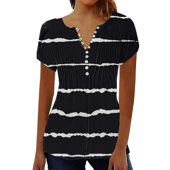yunLCZ Women Shirts Women's Casual Pleated Round Neck Cardigan Short Sleeve Loose T Shirt Shirt Summer Top