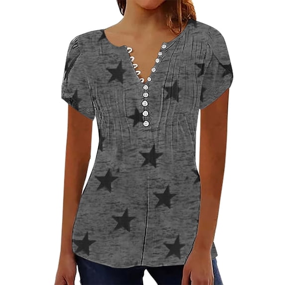 yunLCZ Women Shirts Women's Casual Pleated Round Neck Cardigan Short Sleeve Loose T Shirt Shirt Summer Top