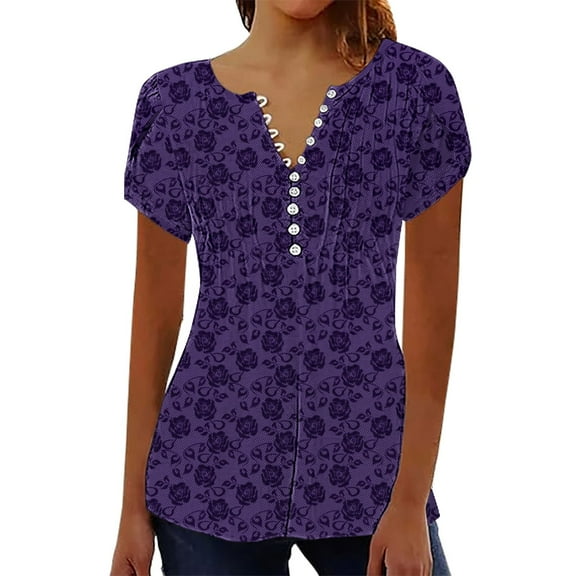 yunLCZ Women Shirts Women's Casual Pleated Round Neck Cardigan Short Sleeve Loose T Shirt Shirt Summer Top