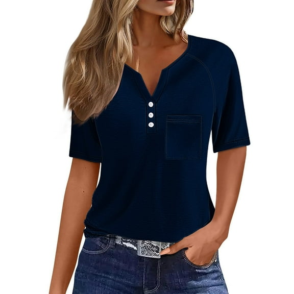 yunLCZ Women Shirts Women's Casual Short Sleeve V Neck Button Down Tops With Pocket Loose Fit Blouse For Daily Wear Office Shirts Dark Blue XXXL