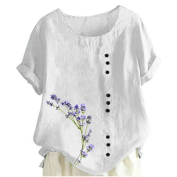 yunLCZ Women Shirts Women's Cotton Linen Shirts Short Sleeve Crewneck Blouse Casual Loose Fit T Shirt Tunic Tops For Summer