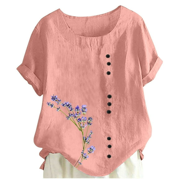 yunLCZ Women Shirts Women's Cotton Linen Shirts Short Sleeve Crewneck Blouse Casual Loose Fit T Shirt Tunic Tops For Summer