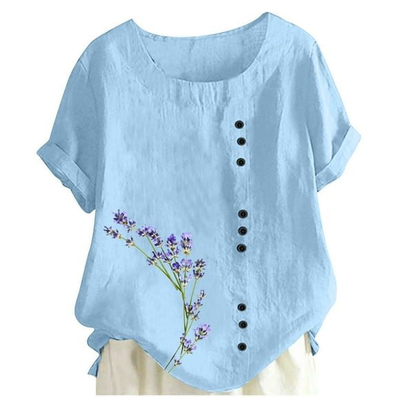 yunLCZ Women Shirts Women's Cotton Linen Shirts Short Sleeve Crewneck Blouse Casual Loose Fit T Shirt Tunic Tops For Summer
