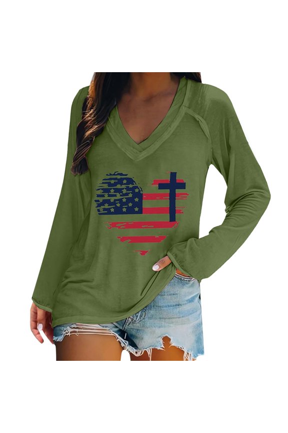 Women Shirts Women's Fashion And Casual V Neck Retro Love Print Long Sleeve Top T Shirt