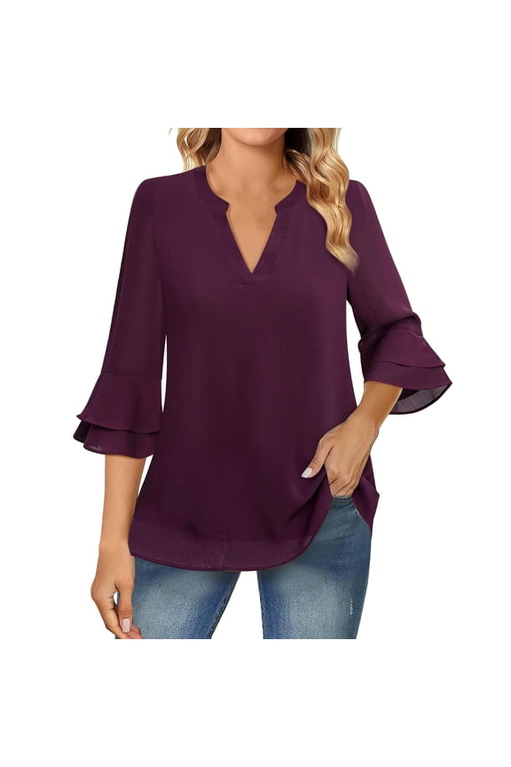 Women Shirts Women's Fashion Casual Seven Point Flared Sleeve Double Chiffon Waist Solid Color V Neck Top