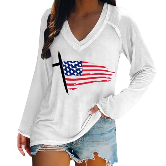 yunLCZ Women Shirts Women's Fashionable And Casual V Neck Retro Printed Long Sleeve Top T Shirt