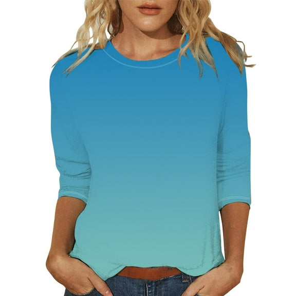 yunLCZ Women Shirts Women's Fashionable Round Neck Casual Floral Print Three Quarter Sleeve T Shirt