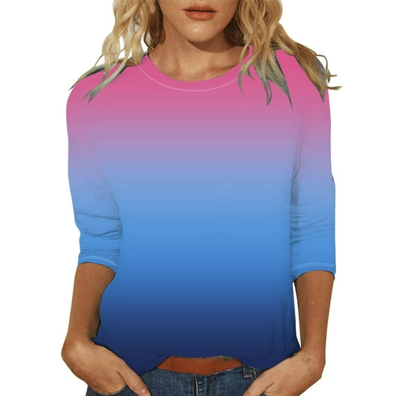 yunLCZ Women Shirts Women's Fashionable Round Neck Casual Floral Print Three Quarter Sleeve T Shirt