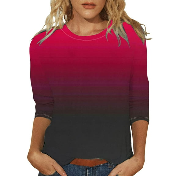 yunLCZ Women Shirts Women's Fashionable Round Neck Casual Floral Print Three Quarter Sleeve T Shirt