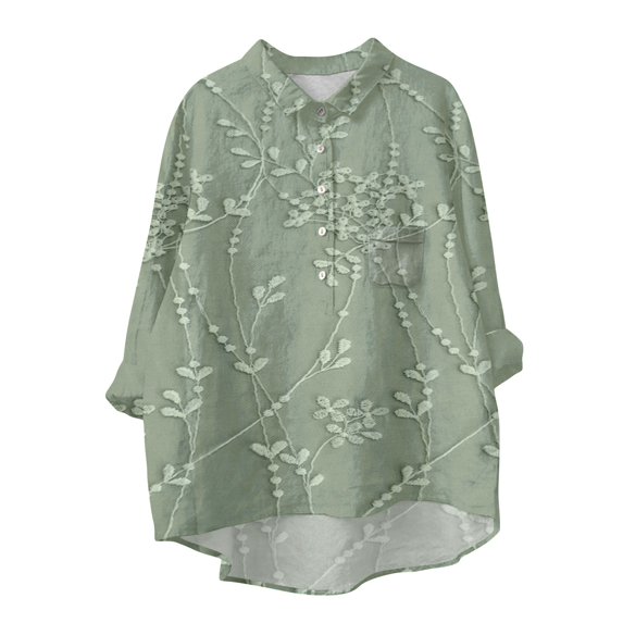 yunLCZ Women Shirts Women's Floral Embroidered Lace Printed Round Neck Long Sleeve Autumn Fragrance Vintage Shirt