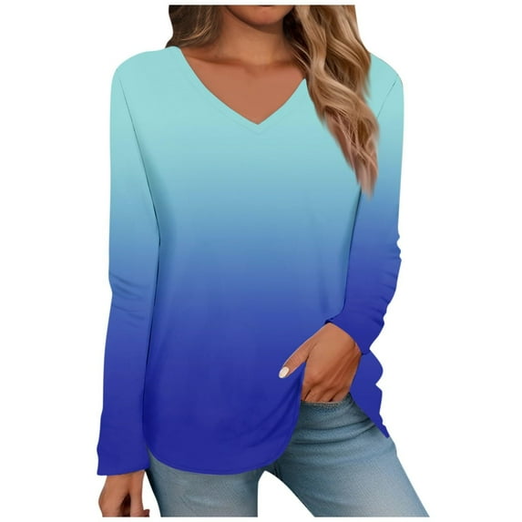 yunLCZ Women Shirts Women's Long Sleeved V Neck Floral And Plant Printed Casual Fashion T Shirt Top