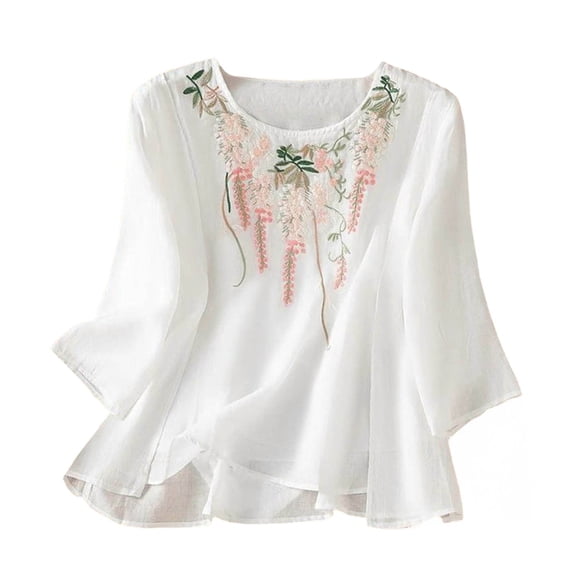 yunLCZ Women Shirts Women's Loose Cotton Elegant Summer Five Part Sleeve Top Temperament 2025 Literary Retro Round Neck Embroidered Shirt Women's Short Sleeve T Shirt Office Shirts White XXL