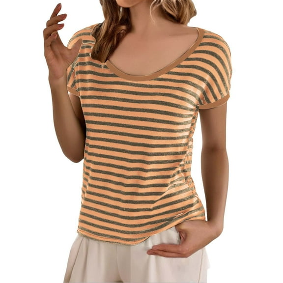 yunLCZ Women Shirts Women's Round Neck Loose Large Size Striped T Shirt Women's Short Sleeve Shirts Gold XXXXL