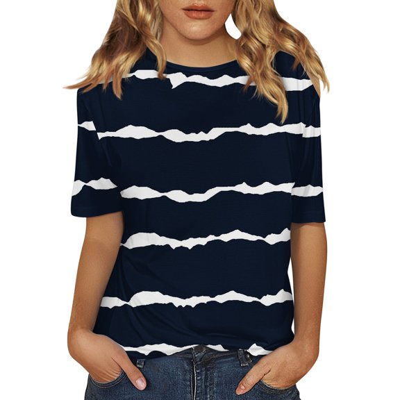 yunLCZ Women Shirts Women's Short Sleeved Shirt Spring Striped Round Neck Business Casual Top Polka Dot Loose Half Length Work Shirt Office Shirts Black S