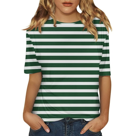 yunLCZ Women Shirts Women's Short Sleeved Shirt Spring Striped Round Neck Business Casual Top Polka Dot Loose Half Length Work Shirt Office Shirts Green L