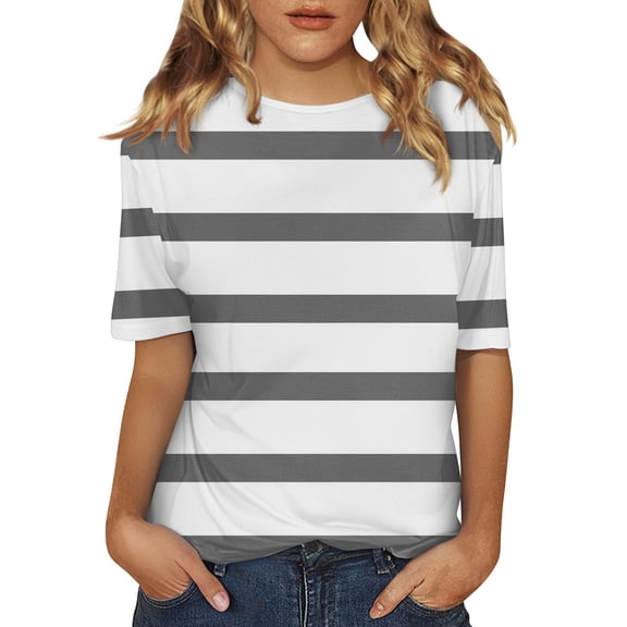 yunLCZ Women Shirts Women's Short Sleeved Shirt Spring Striped Round Neck Business Casual Top Polka Dot Loose Half Length Work Shirt Women's Cap Sleeve Tank Tops Grey L