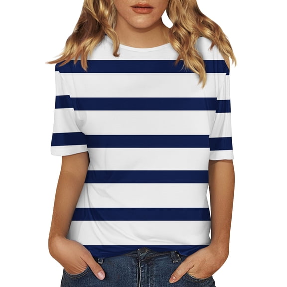 yunLCZ Women Shirts Women's Short Sleeved Shirt Spring Striped Round Neck Business Casual Top Polka Dot Loose Half Length Work Shirt Women's Short Sleeve Shirts Navy L