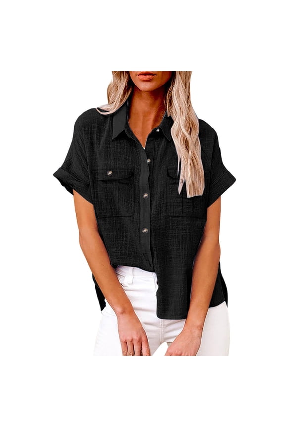 Women Shirts Women's Spring Autumn Casual Double Pocket Split Long Sleeve Cotton Shirt Top