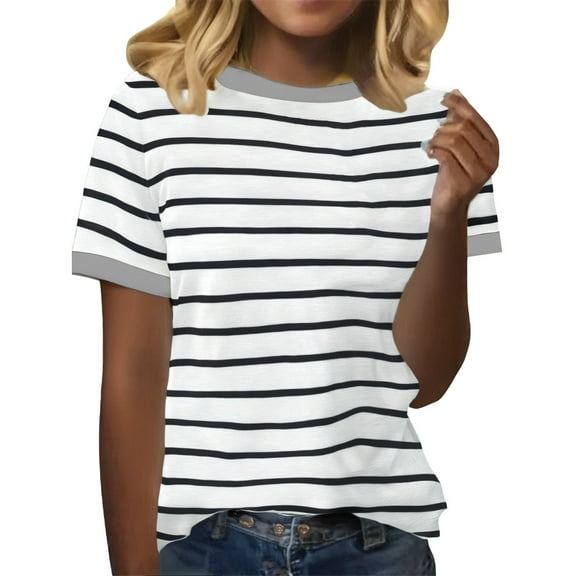 yunLCZ Women Shirts Women's Spring Round Neck Stripe Splicing Loose Casual Short Sleeve T Shirt