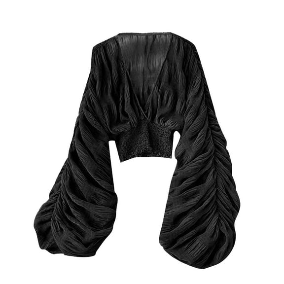 yunLCZ Women Shirts Women's Spring Solid Color Pleated Bubble Sleeves Slim Fit Short Versatile Chiffon Shirt