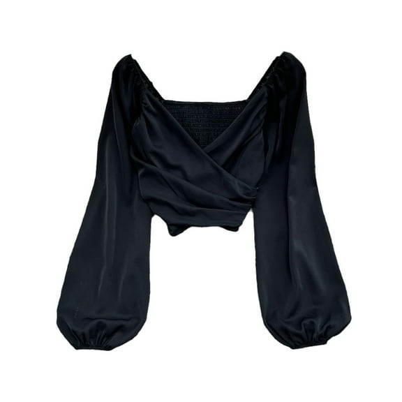 yunLCZ Women Shirts Women's Spring Solid Color V Neck Pleated Bubble Long Sleeved Pullover Shirt Short Style Exposed Belly Top