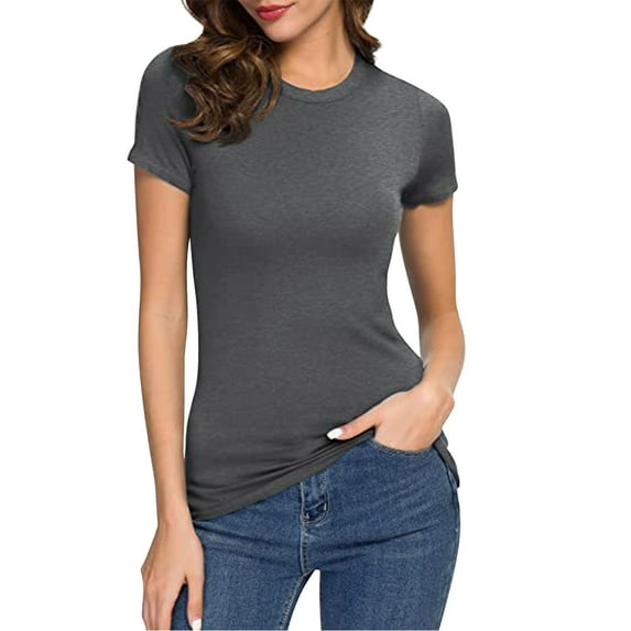 yunLCZ Women Shirts Womens Basic Solid Color Crew Neck Short Sleeve Long Tee Shirt Office Shirts GY2 S