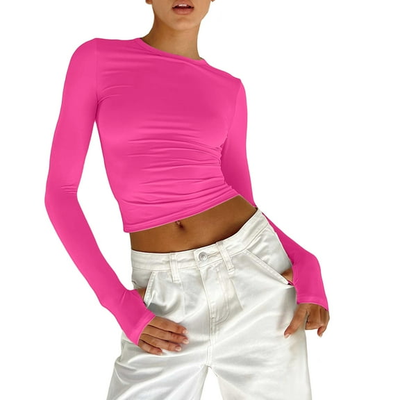 yunLCZ Women Shirts Womens Crewneck Long Sleeve Shirt Double Lined Basic Tees Side Ruched Going Out Crop Tops Women's Cap Sleeve Tank Tops Hot Pink S