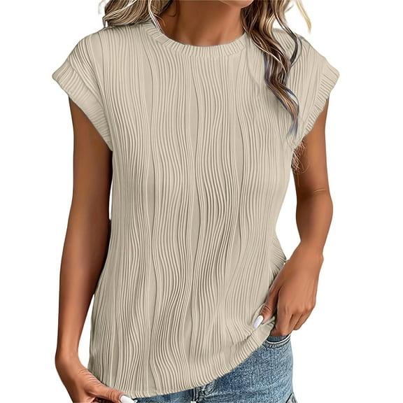 yunLCZ Women Shirts Womens Short Sleeve Textured Tops Crewneck Knit Solid Loose Casual Basic T Shirts Tee Blouses Women's Short Sleeve Shirts Beige L
