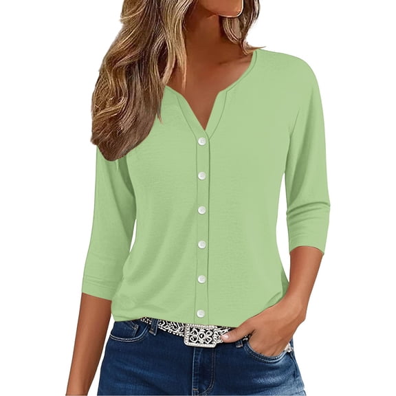 yunLCZ Women Shirts Womens Summer Tops Fashion 2025 V Neck Print Shirts Casual Button Down 3/4 Lenght Sleeve Blouses Women's Cap Sleeve Tank Tops Green S