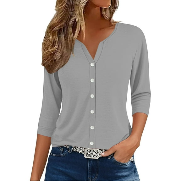 yunLCZ Women Shirts Womens Summer Tops Fashion 2025 V Neck Print Shirts Casual Button Down 3/4 Lenght Sleeve Blouses Office Shirts Dark Gray XXXL