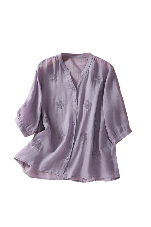 Women's Button Down Shirt 3/4 Sleeve Linen Shirts For Women 2025 Cotton Summer Retro Embroidered Boho Tops Casual Trendy Vacation Blouse