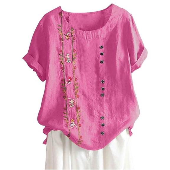 yunLCZ Women's Button Down Shirt Blouse Size Shirt Floral Women Plus Top Sleeves Embroidered Short Plus Size Tops