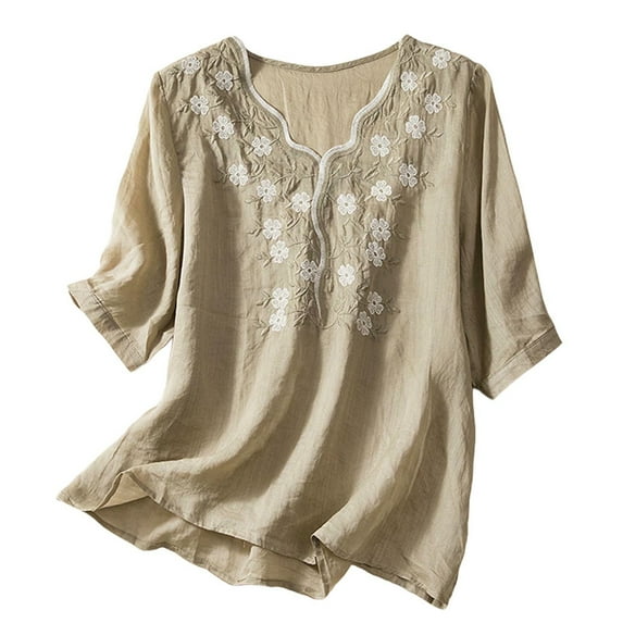 yunLCZ Women's Button Down Shirt Embroidered Tops For Women Floral Cotton Linen Tunic Tshirt Tee Women 3/4 Sleeve V Neck Button Boho Ethnic