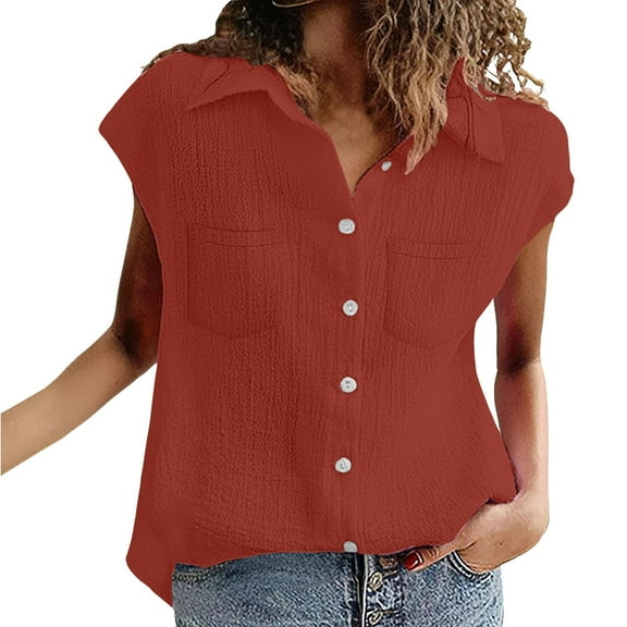 yunLCZ Women's Button Down Shirt Ladies Casual Solid Color Breathable Single Breasted Shirts Women's Short Sleeve Tops Cotton And Linen Double Pocket