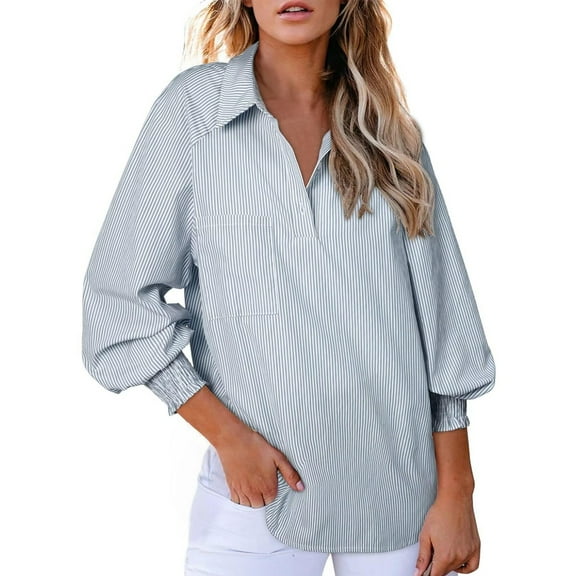 yunLCZ Women's Button Down Shirt Women 2025 Striped Smocked Cuffed Shirts Long Sleeve Collared Blouse Tops With Pocket