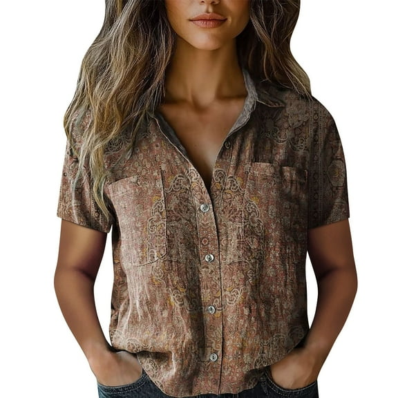 yunLCZ Women's Button Down Shirt Women Cotton Shirt Printed Fashion Down Shirts Casual Tops Short Sleeve Blouse