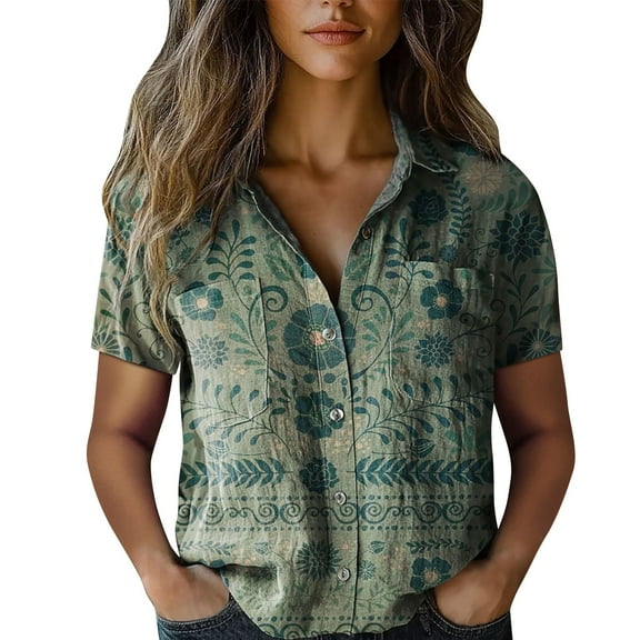 yunLCZ Women's Button Down Shirt Women Cotton Shirt Printed Fashion Down Shirts Casual Tops Short Sleeve Blouse