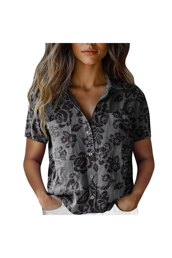 Women's Button Down Shirt Women Cotton Shirt Printed Fashion Down Shirts Casual Tops Short Sleeve Blouse