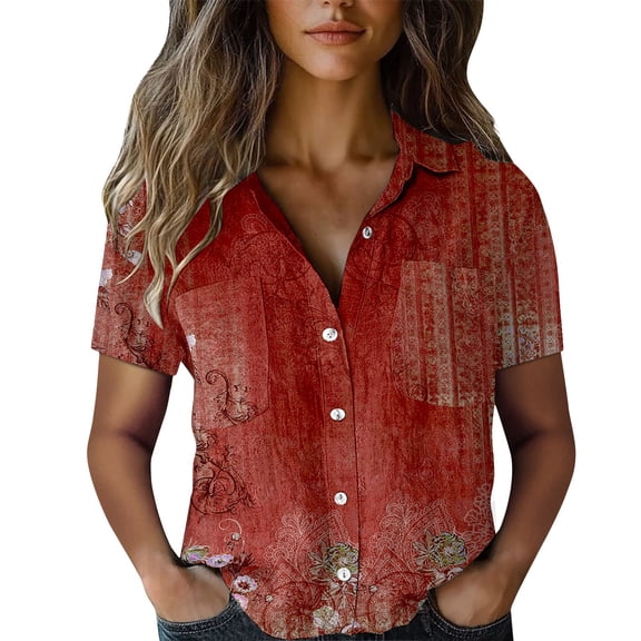 yunLCZ Women's Button Down Shirt Women Cotton Shirt Printed Fashion Down Shirts Casual Tops Short Sleeve Blouse
